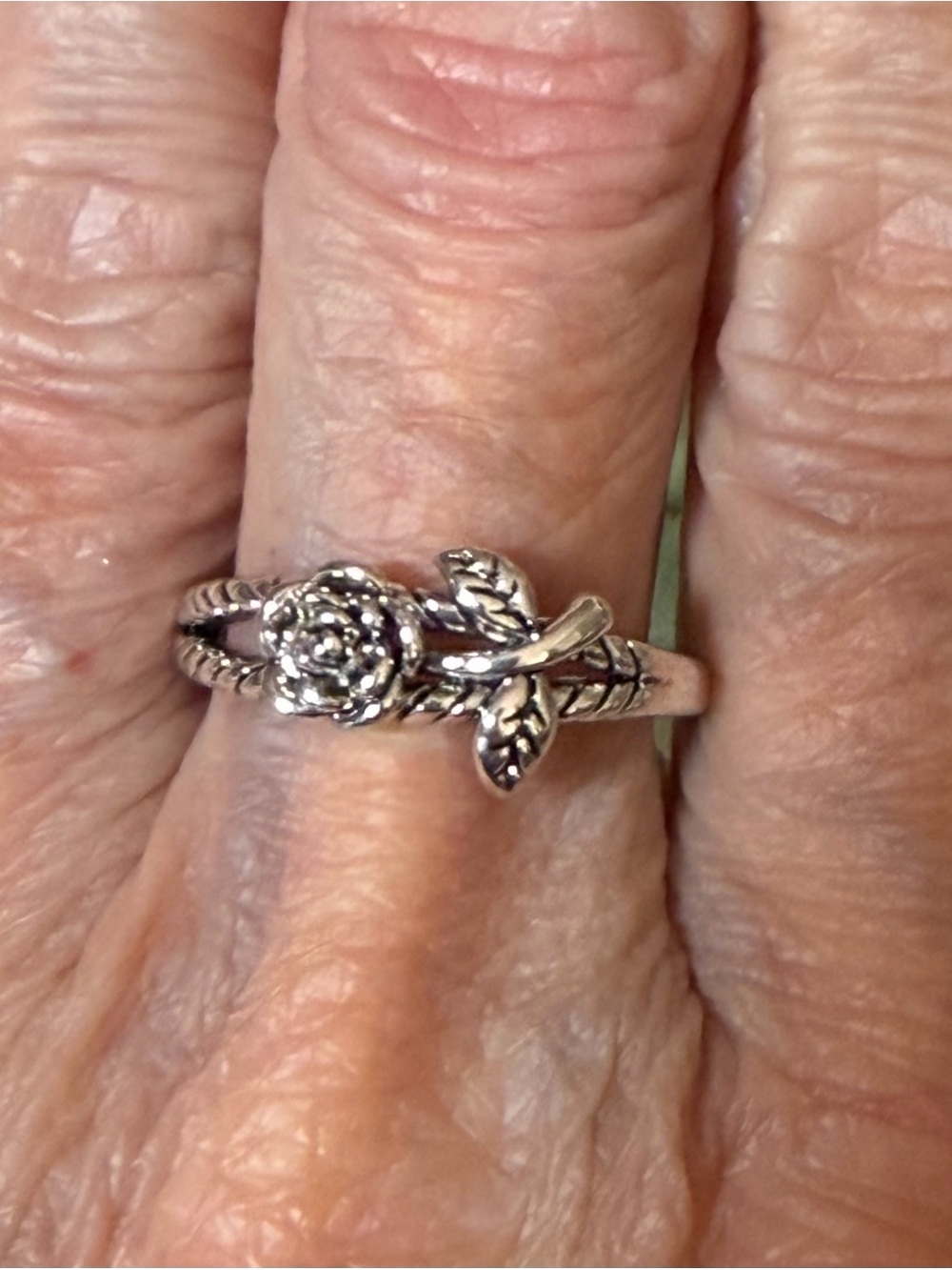 Silver Tone Rose Flower & Leaf Ring Size 7 Botanical Floral
